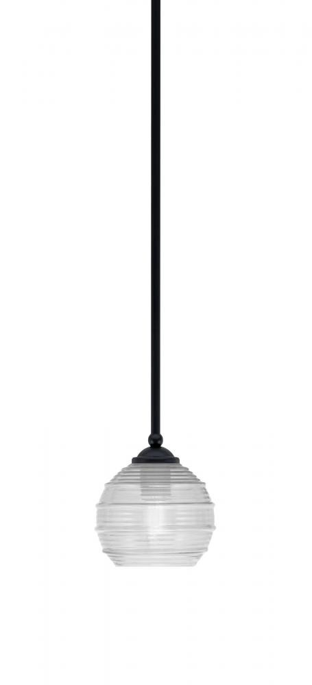 Zilo Stem Mini Pendant, Matte Black Finish, 6" Clear Ribbed Glass