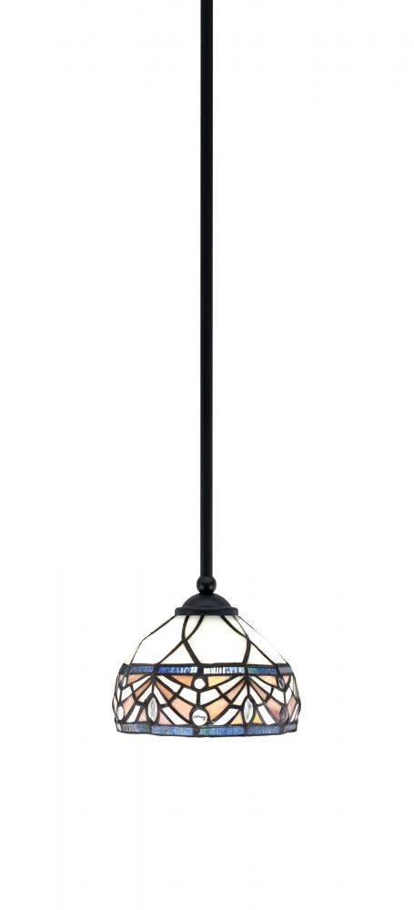 Zilo Stem Mini Pendant, Matte Black Finish, 7" Royal Merlot Art Glass